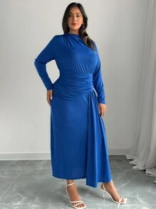 SHEIN Clasi Rochie lungă cu tiv asimetric pentru femei, elegantă, cu talie pliată, cu tiv asimetric, pentru toamnă și iarnă, pentru ieșiri - Albastru regal - Vizualizare 10