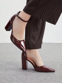 CUCCOO BIZCHIC 女士时尚咖啡棕色粗跟镂空踝带尖头高跟鞋，适合通勤、聚会和约会 - 咖啡棕 - 查看 3