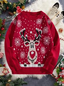 Manfinity VCAY Men's Casual Loose Fit Knit Graphic Long Sleeve Sweater, Fashion And Young Style For Autumn/Winter, Vacation, Christmas - Red - View 1