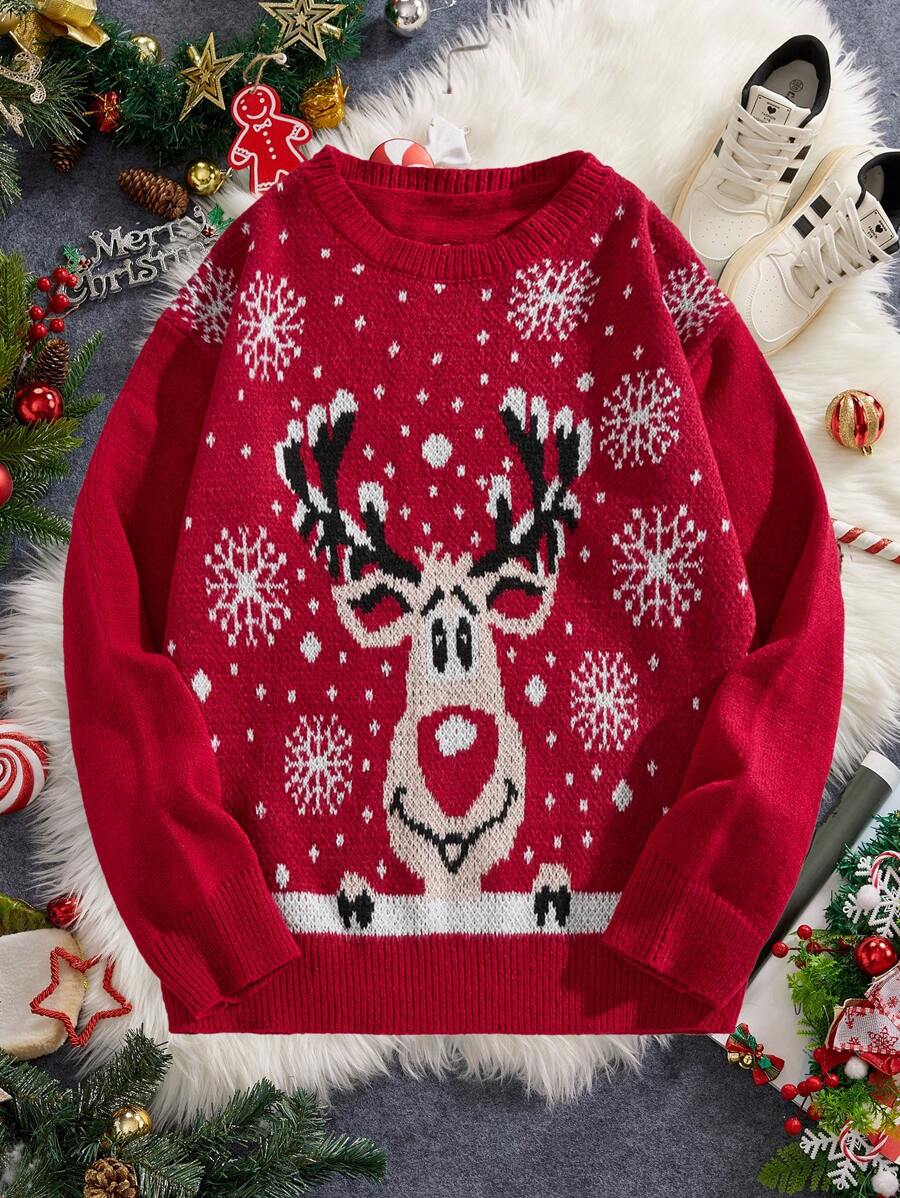 Manfinity VCAY Men's Casual Loose Fit Knit Graphic Long Sleeve Sweater, Fashion And Young Style For Autumn/Winter, Vacation, Christmas - Red - View 1