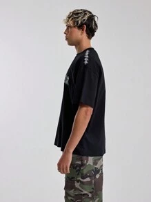 Musero Áo thun tay ngắn dáng rộng cổ tròn in họa tiết dây thép gai, phụ kiện mùa đông, phong cách đường phố. - màu đen - Xem 2