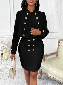 SHEIN Clasi Bộ 2 món: Áo khoác cài nút cổ đứng tay dài và chân váy midi túi giả, thiết kế thanh lịch dành cho phụ nữ trẻ - màu đen - Xem 5