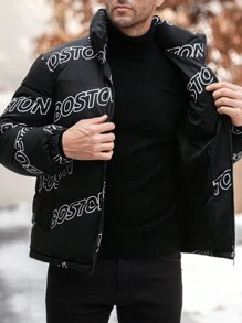 Manfinity Homme Men's Letter Print Zip-Up Padded Coat - Black - View 7