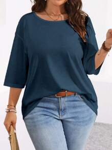 Áo thun cổ tròn màu trơn cỡ lớn thường ngày - Màu xanh hải quân - Xem 4