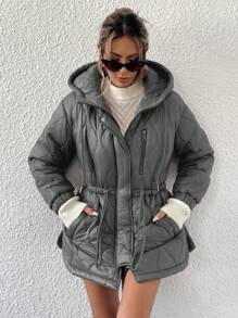 Aveloria Affinna Textured Wave Pattern Quilted Zip-Up Drawstring Casual Versatile Mid-Length Hooded Padded Padded Coat Clothes Winter  - Grey - View 3