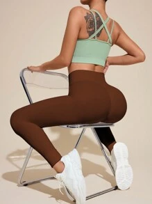 SHEIN 弹力腰部瘦身提臀运动紧身裤 - 棕色 - 查看 4