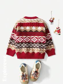 SHEIN Young Boy Casual Colorblock Geometric Jacquard Crew Neck Sweater, Autumn/Winter Fall - Red - View 2