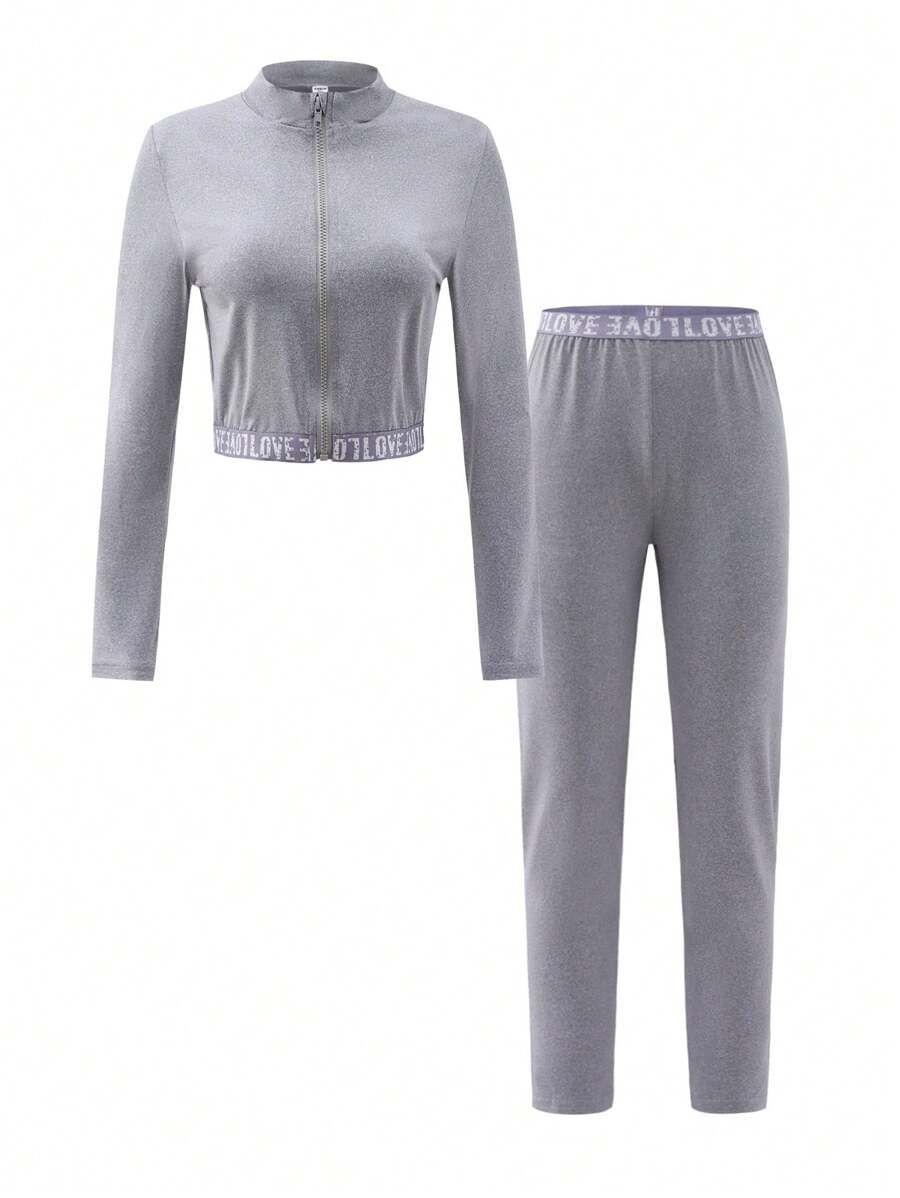 SHEIN 青少年女孩休闲运动立领拉链短款上衣和裤子套装 - 灰色 - 查看 1