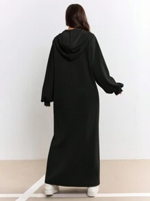 Mulvari Women Solid Color Hooded Casual Long Sleeve Sweatshirt Dress - Black - View 2