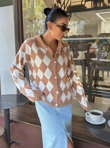 EURMUSE Women Diamond Pattern Hairy Yarn Front Button Collar Neck Cardigan - Multicolor - View 4