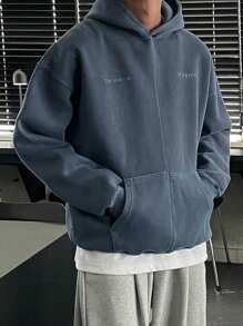 DAZY Men's Autumn Letter Print Long Sleeve Zip Front Pocket Casual Hoodie - Blue - View 6