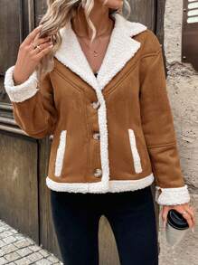 SHEIN LUNE 保暖内衬 1 件女式常规版型仿麂皮绒毛内衬保暖鹿装饰夹克，短款，秋冬 - 棕色 - 查看 6