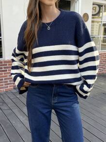 INAWLY Women's Casual Dropped Shoulder Striped Sweater, Autumn/Winter