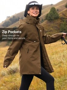 In My Nature 女士休闲日常拉链连帽户外雨衣夹克，秋季 - 棕色 - 查看 7