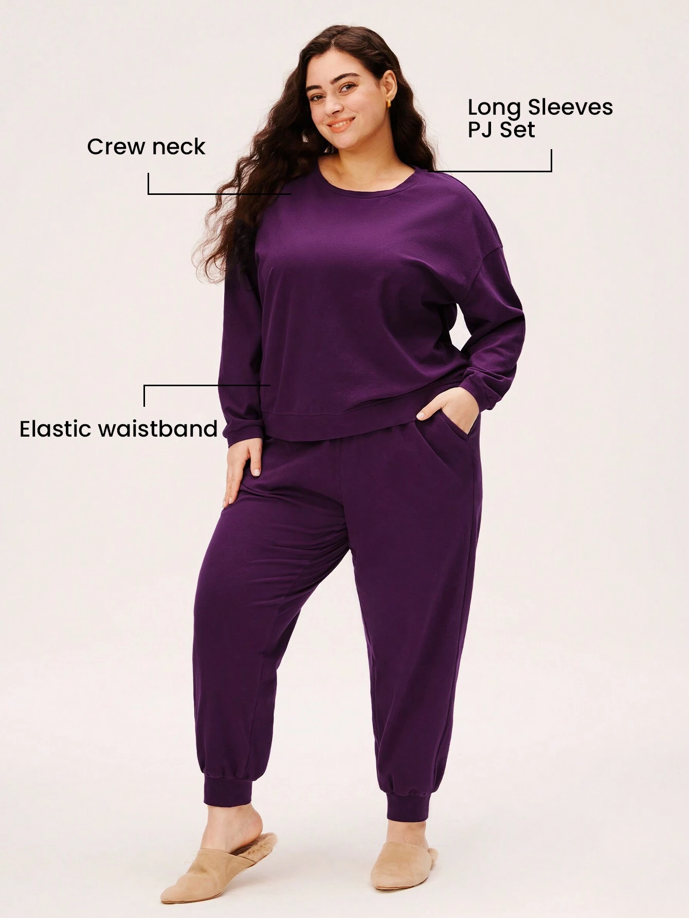Große Größen Weiche Baumwolle Lila Winter Rundhals Pullover & Hose Schlafanzug Basics Pyjama Set Casual Bequeme Outfits Sportbekleidung als Oberbekleidung Kleidung Baumwolle Pyjamas Mode Casual Bequeme Outfits