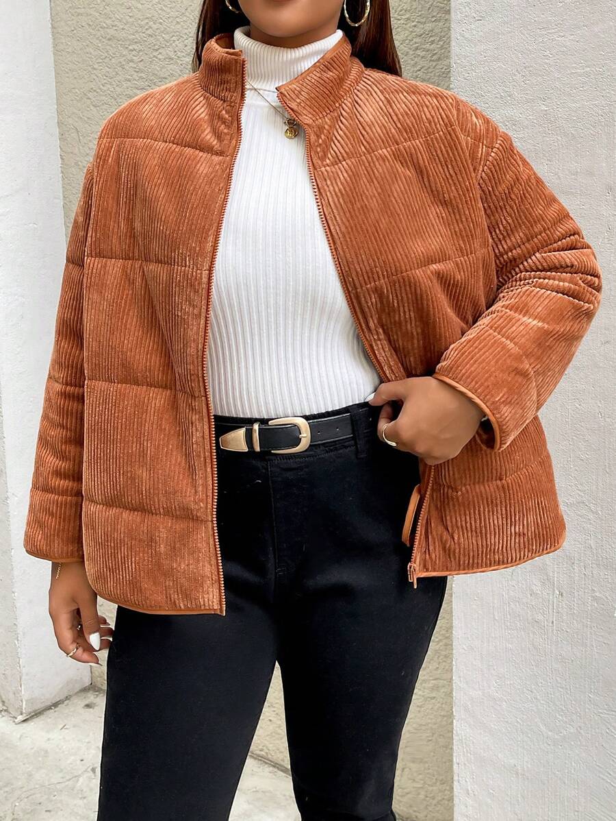 SHEIN Essnce Plus Size Women's Autumn And Winter Fashion Casual Comfortable Classic Daily Brown Corduroy Thick Warm Jacket Coat,Winter Outfits - Brown - View 1