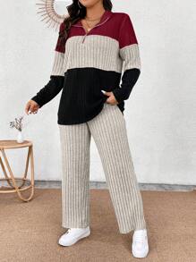 Calvaya 加大码领口拉链装饰柔软针织长袖条纹拼布T恤和柔软罗纹裤两件套