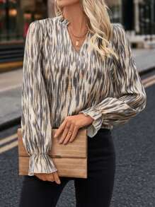 TrendSteals Women's Autumn Season V-Neck Ruffle Long Sleeve Allover Print Shirt Fall Cloth For Women - Apricot - View 4