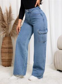 SHEIN LUNE 1 件女士休闲纯色口袋宽腿宽松牛仔裤 - 藍色 - 查看 4