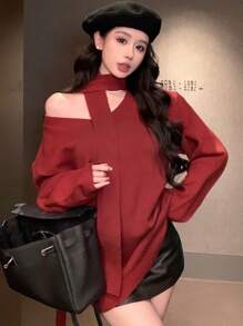 DAZY 女士情人节/圣诞节系带红色针织高领毛衣，秋季服装，新年 - 紅色 - 查看 6