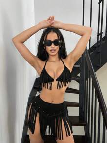 SHEIN ICON 流苏系带露背短款上衣 - 黑色 - 查看 3