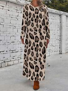 EMERY ROSE 休闲简约全长豹纹长袖修身连衣裙，适合秋冬季 - 彩色 - 查看 5