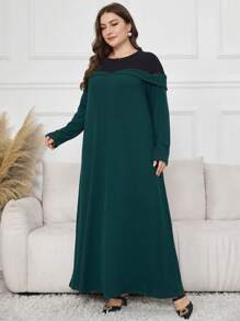 Lacomfia Plus Size Women Colorblock Round Neck Long Sleeve Rib Knit Long Loose Casual Dress Maxi Women Outfit - Multicolor - View 3