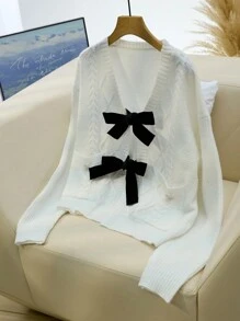 SHEIN Frenchy Áo len cardigan dài tay có túi thắt nơ thời trang thu đông cỡ lớn cho nữ, màu trắng, dễ thương, màu đen, áo len cardigan thắt nơ, giản dị, ấm áp, đa năng, có nút trang trí - trắng - Xem 2