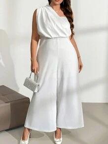 SHEIN Privé 大码优雅通勤职场知性高端会场精致下午茶略带性感约会音乐会女士极简优雅度假白色单肩褶皱腰阔腿连体裤 - 白色 - 查看 6