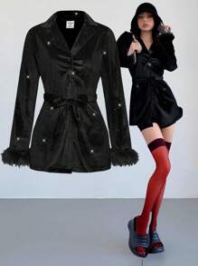 Teen Girls' Autumn Lapel Neck Long Sleeve Metallic Shiny Elegant Jacket