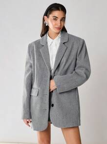 Enchnt 1 件女式纯色翻领长袖单排扣休闲羊毛大衣，秋冬 - 灰色 - 查看 11