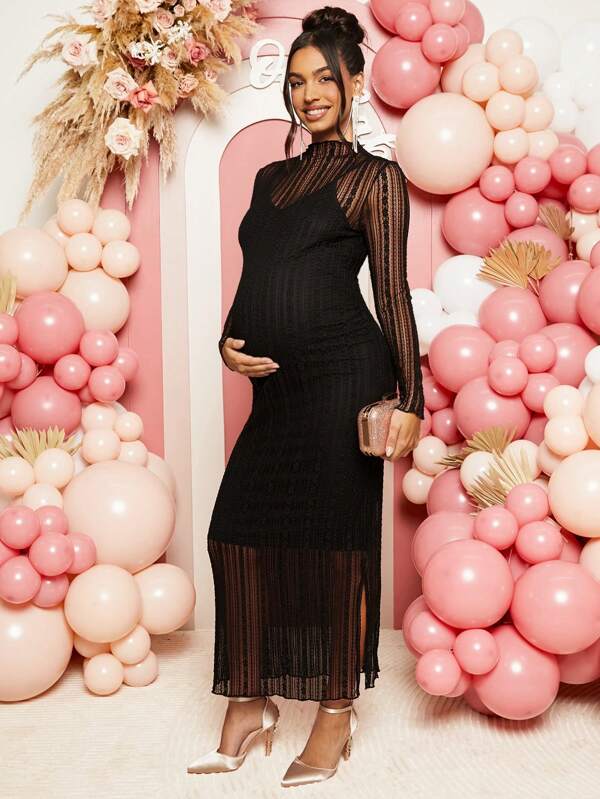 Loomaby Vestido de manga larga con cuello alto transparente, empalmado con malla y vuelo en el bajo para mujeres embarazadas