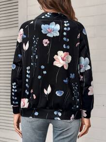 SHEIN LUNE 女士秋季休闲花卉印花立领运动衫 - 黑色 - 查看 2