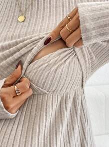 SHEIN Maternity Solid Color Round Neck Ribbed Long Sleeve Nursing Dress - Khaki - View 4