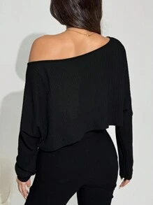 FavEase Autumn/Winter Basic Minimalist Textured Design Crew Neck Long Sleeve T-Shirt Fall Cloth For Women - Black - View 2