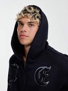 Musero Men's All Over Branded Applique Patch Detailing Zip Through Hooded Sweater SPRING SUMMER Essentials - Black - View 5