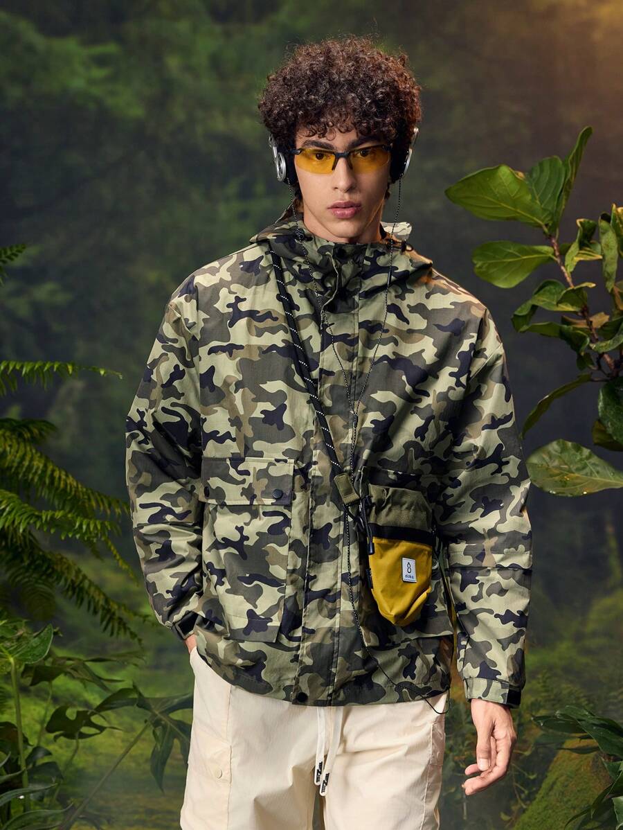 In My Nature 男士休闲户外迷彩印花拉链连帽轻便夹克，适合秋季