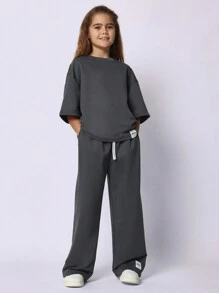 SUMWON Conjunto coordenado de camiseta oversized com ombros caídos e calça pantalona com cordão. Ideal para o inverno, estilo casual urbano e outono. - Cinza escuro - Ver 1