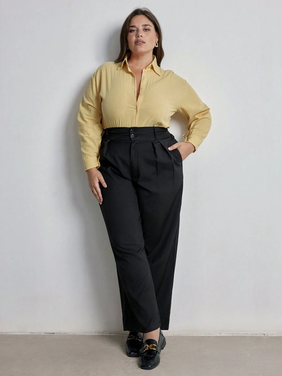 GENKIRA 大码休闲纯色简约长裤 - 黑色 - 查看 1