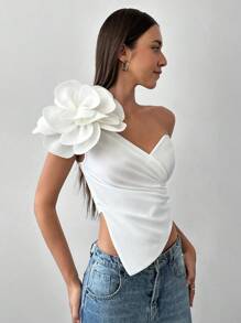 Aloruh Top de tirantes ajustado de unicolor con decoración floral 3D para mujer