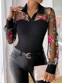 SHEIN Clasi Women's Autumn/Winter Embroidered Patchwork Slim Fit Base Layer T-Shirt Fall Cloth For Women - Black - View 1