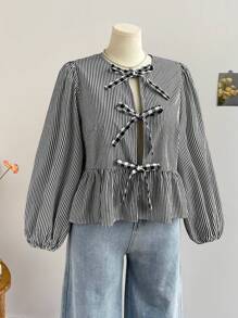 Soleia Plus Size Women Striped Long Sleeve Jacket With Plaid Bow, Winter - Black and White - View 1