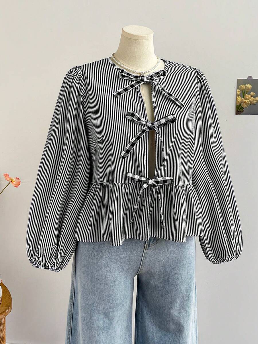 Soleia Plus Size Women Striped Long Sleeve Jacket With Plaid Bow, Winter - Black and White - View 1