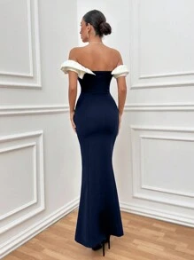 EURMUSE Two Tones Off Shoulder Ruffle Trim Bodycon Dress, Elegant Dress - Navy Blue - View 2