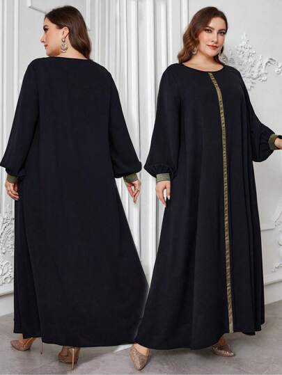 Al Najma Loose Round Neck Arabian Plus Size Dress For Women, Elegant Modest Long Sleeve Arabian Dress Abaya, For Casual Daily, Kaftan