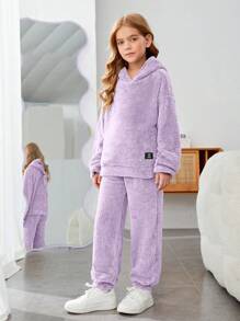 SHEIN Tween Mädchen 2-teiliges Set - einfarbiges flauschiges Kapuzen-Oberteil und extra lange Hose, locker, für Herbst und Winter, lässig - Mauve - Übersicht 5