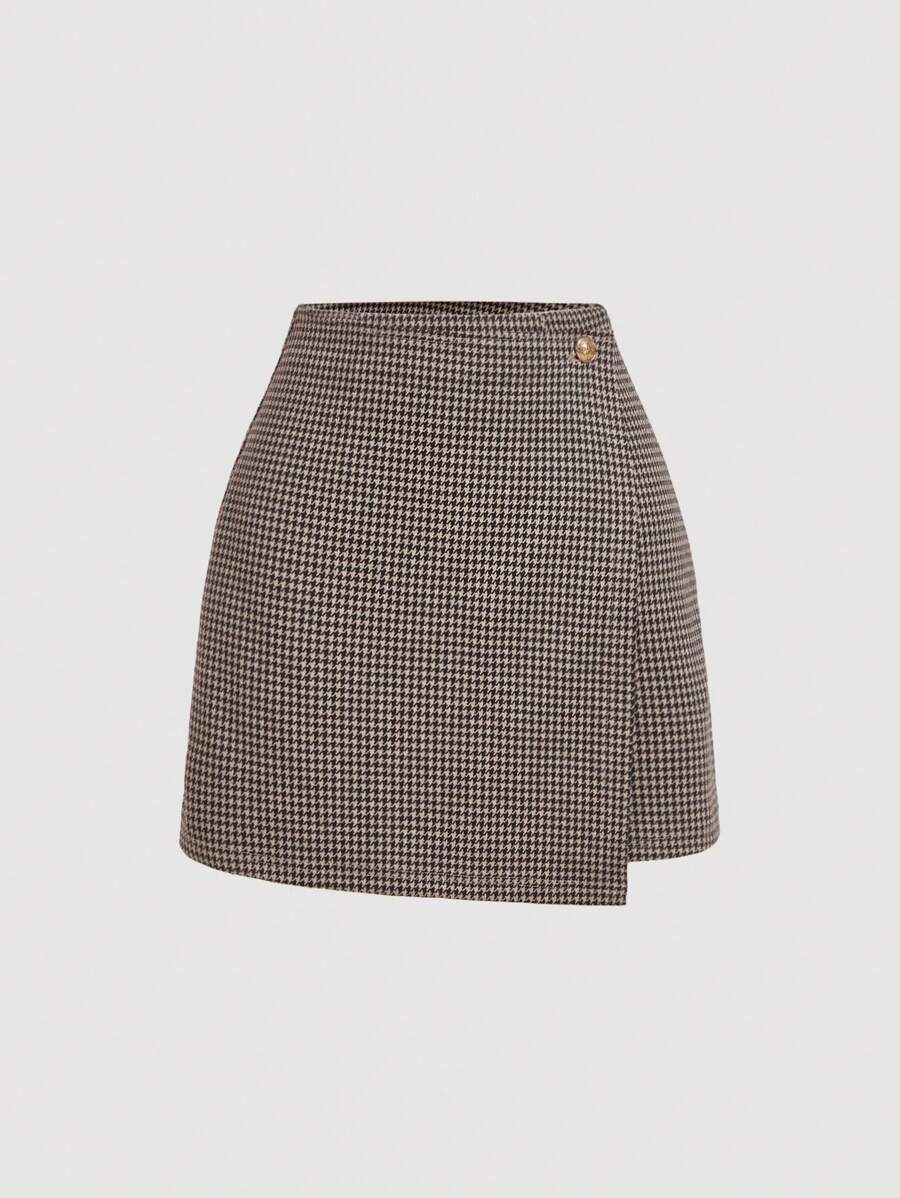SHEIN MOD Houndstooth Print A-Line Mini Skirt, Holiday Party Women Skirt, S ,Holiday Women - Coffee Brown - View 1
