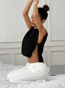 Flirla Women's Solid Round Neck Tie Up Loose Casual Vest - Black - View 4