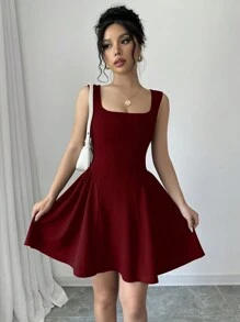 Selianne 新款女士方领无袖 A 字褶皱下摆连衣裙，高弹力纹理面料纯色，时尚年轻合身通勤休闲百搭腰部修身，优雅精致，适合春夏秋冬勃艮第色女装情人节 - 酒紅色 - 查看 3