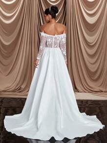 Glamrae 大码优雅香槟色透视斜肩长袖鱼骨喇叭鱼尾连衣裙，适合婚礼，派对，蜜月，白色新娘礼服 - 米色 - 查看 3